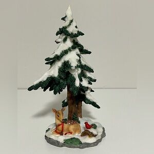 O'Well Christmas Village - Fawn & Cardinal Sitting Under Snowy Pine Trees - 7"
